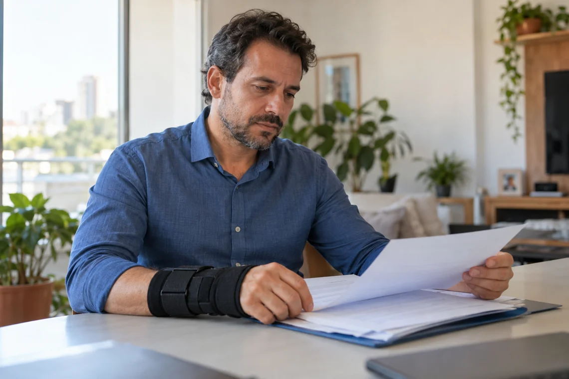 Homem com órtese no punho consultando documentos médicos